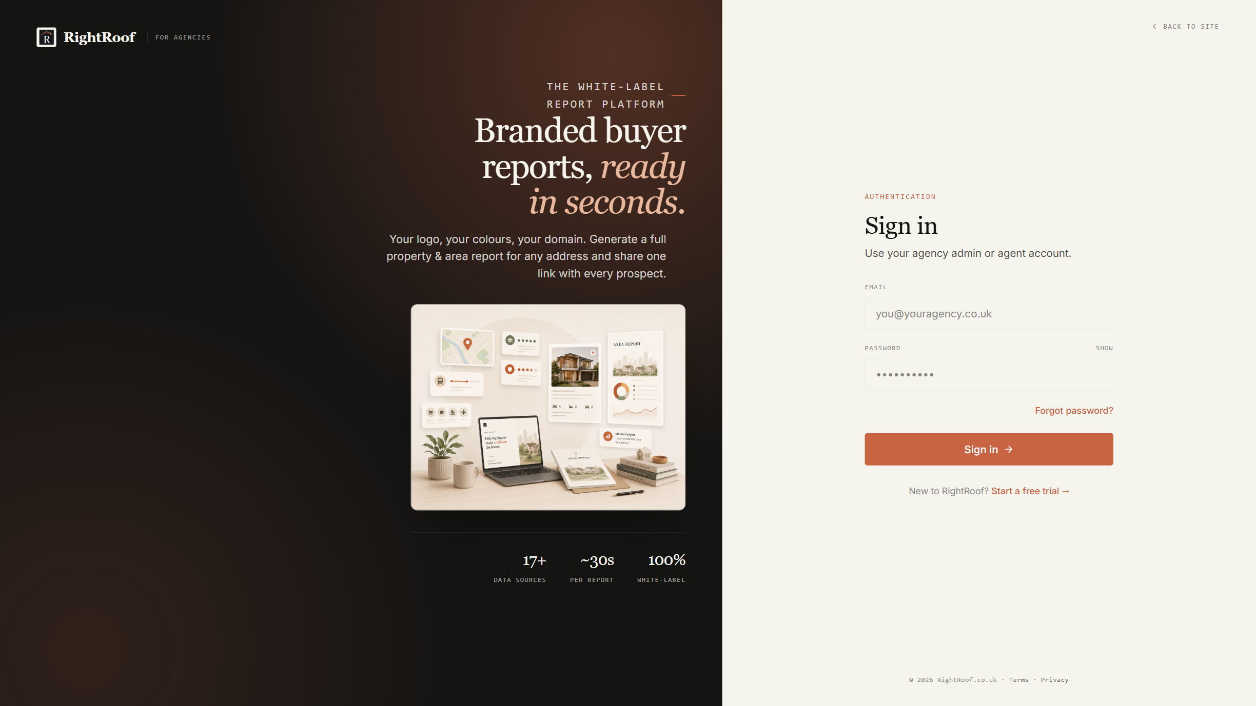 Preview of the agency sign-in and branded report walkthrough